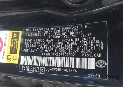 2016 Toyota Camry Le from USA, damaged, VIN 4T4BF1FK5GR527932